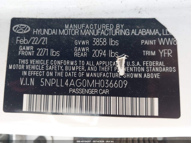 45104207 :رقم المزاد ، 5NPLL4AG0MH036609 vin ، 2021 Hyundai Elantra Se مزاد بيع