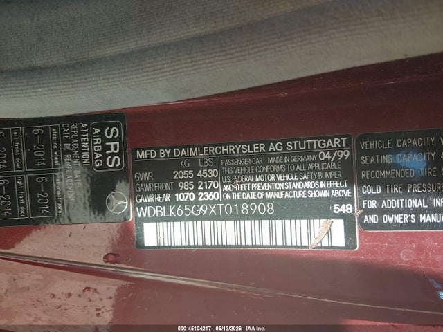 Aukcja sprzedaży 1999 Mercedes-benz Clk 320, vin: WDBLK65G9XT018908, numer aukcji: 45104217