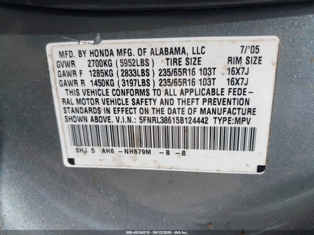 Auction sale of the 2005 Honda Odyssey Ex-l, vin: 5FNRL38615B124442, lot number: 45104218