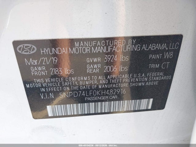 Продажа на аукционе авто 2019 Hyundai Elantra Se, vin: 5NPD74LF0KH482916, номер лота: 45104236