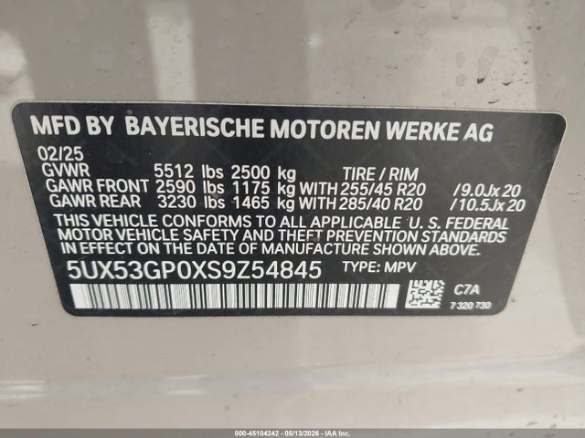 45104242 :رقم المزاد ، 5UX53GP0XS9Z54845 vin ، 2025 Bmw X3 30 Xdrive مزاد بيع