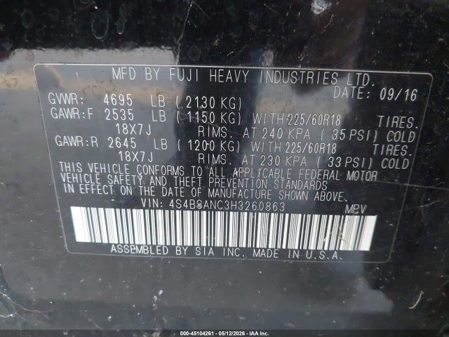 Subaru Outback 2.5i Limited 2017 4S4BSANC3H3260863 Image 9