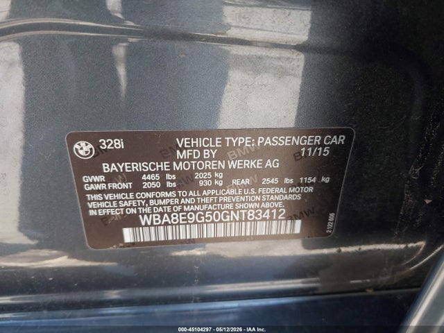 2016 Bmw 328i მანქანა იყიდება აუქციონზე, vin: WBA8E9G50GNT83412, აუქციონის ნომერი: 45104297