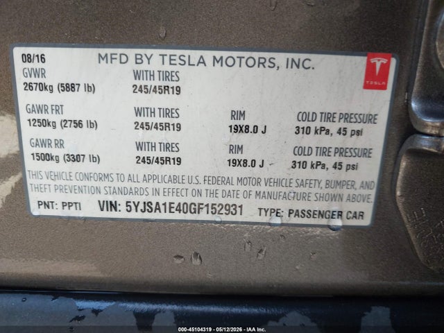 Tesla Model S 90d/p100d/p85d/p90d 2016 5YJSA1E40GF152931 Image 9