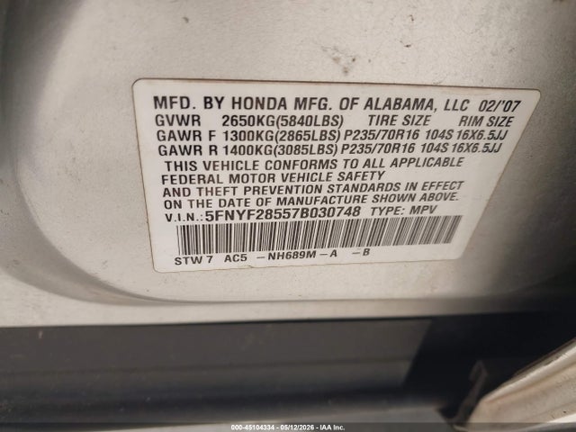 Продаж на аукціоні авто 2007 Honda Pilot Ex-l, vin: 5FNYF28557B030748, номер лоту: 45104334