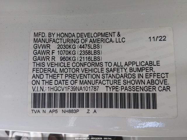 Auction sale of the 2022 Honda Accord Sport, vin: 1HGCV1F39NA101787, lot number: 45104336