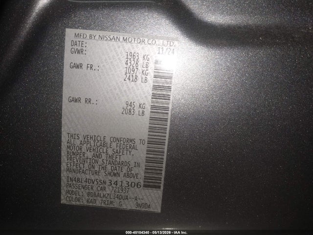 1N4BL4DV5SN341306 Nissan Altima Sv Fwd