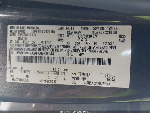 Продажа на аукционе авто 2015 Ford Escape Titanium, vin: 1FMCU0JX9FUB45144, номер лота: 45104346