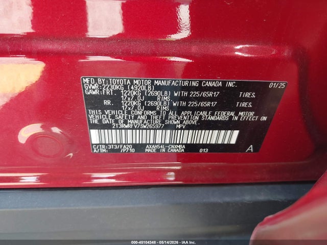 Auction sale of the 2025 Toyota Rav4 Hybrid Xle, vin: 2T3RWRFV7SW265977, lot number: 45104348