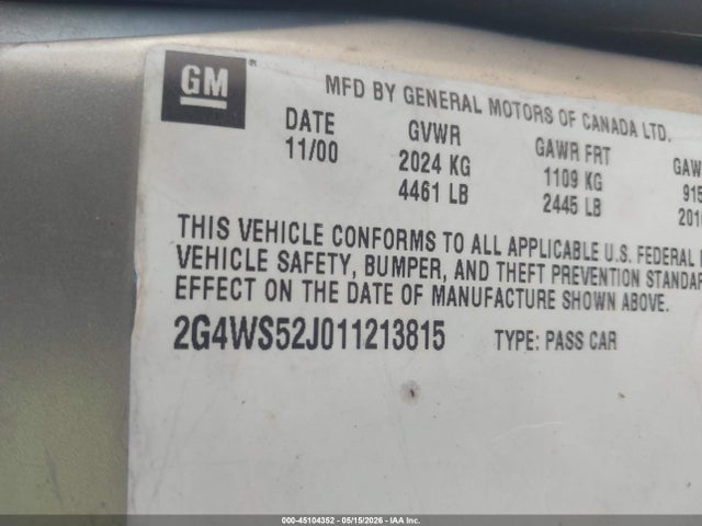 Продаж на аукціоні авто 2001 Buick Century Custom, vin: 2G4WS52J011213815, номер лоту: 45104352