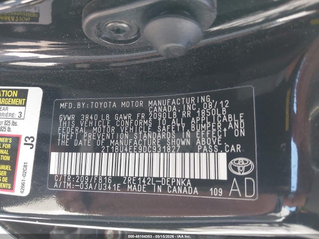 Aukcja sprzedaży 2013 Toyota Corolla Le, vin: 2T1BU4EE9DC931827, numer aukcji: 45104353