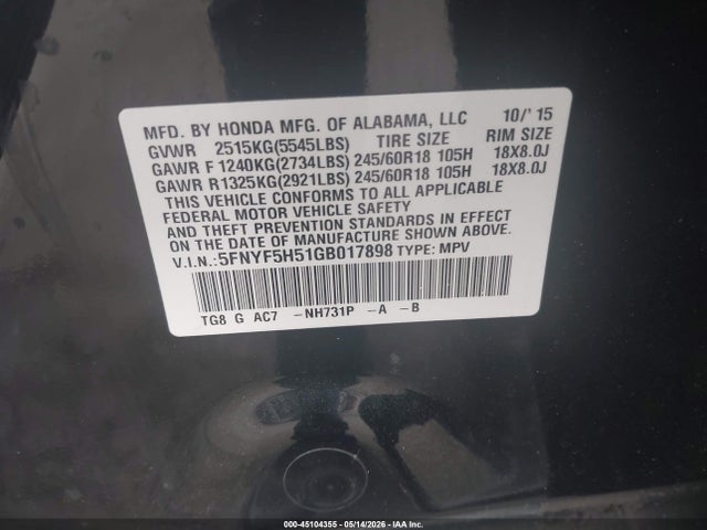 5FNYF5H51GB017898 Honda Pilot Ex-l