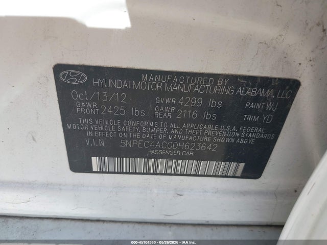 2013 Hyundai Sonata Limited მანქანა იყიდება აუქციონზე, vin: 5NPEC4AC0DH623642, აუქციონის ნომერი: 45104360