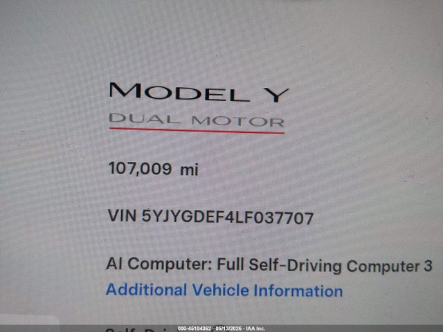 45104362 :رقم المزاد ، 5YJYGDEF4LF037707 vin ، 2020 Tesla Model Y Long Range Dual Motor All-wheel Drive/performance Dual Motor All-wheel Drive مزاد بيع
