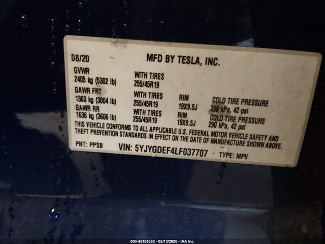 45104362 :رقم المزاد ، 5YJYGDEF4LF037707 vin ، 2020 Tesla Model Y Long Range Dual Motor All-wheel Drive/performance Dual Motor All-wheel Drive مزاد بيع