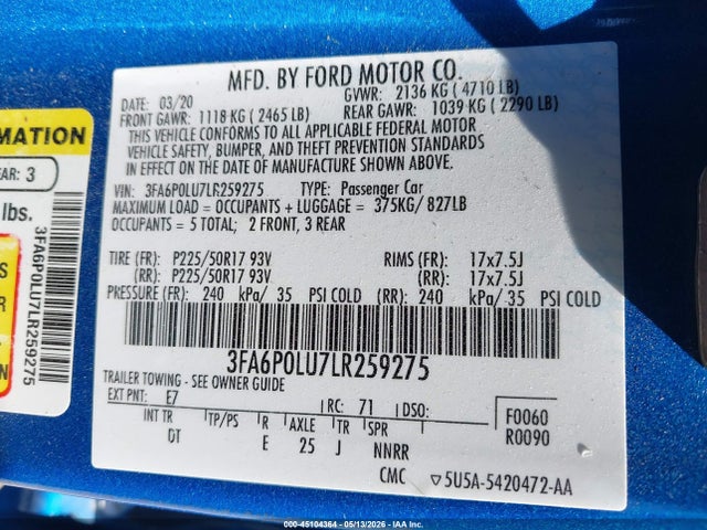Ford Fusion Hybrid Se 2020 3FA6P0LU7LR259275 Image 9