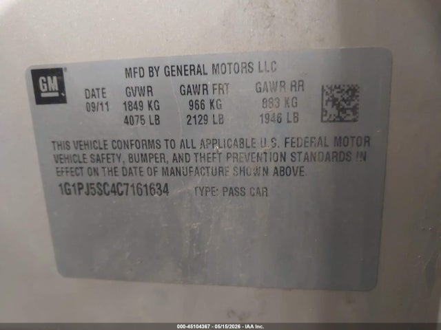 Продаж на аукціоні авто 2012 Chevrolet Cruze Eco, vin: 1G1PJ5SC4C7161634, номер лоту: 45104367