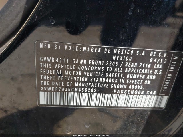 Продаж на аукціоні авто 2012 Volkswagen Jetta 2.5l Se, vin: 3VWDP7AJ5CM456202, номер лоту: 45104370