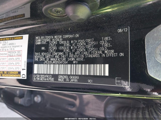 45104372 :رقم المزاد ، JTEZU5JR0D5047264 vin ، 2013 Toyota 4runner Sr5 مزاد بيع