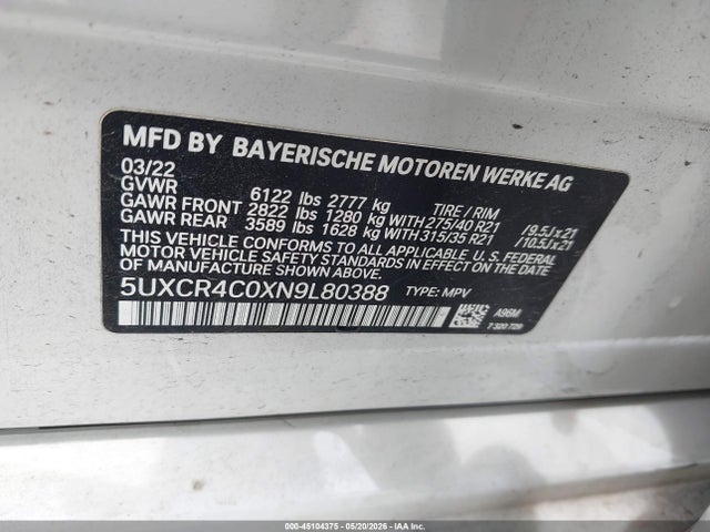 Продаж на аукціоні авто 2022 Bmw X5 Sdrive40i, vin: 5UXCR4C0XN9L80388, номер лоту: 45104375