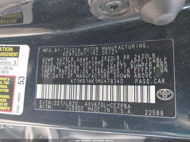 Aukcja sprzedaży 2021 Toyota Camry Xse, vin: 4T1K61AK1MU478340, numer aukcji: 45104378