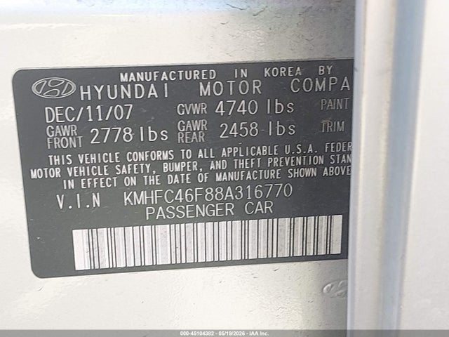2008 Hyundai Azera Limited მანქანა იყიდება აუქციონზე, vin: KMHFC46F88A316770, აუქციონის ნომერი: 45104382