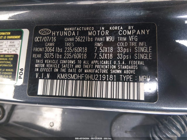 KM8SMDHF9HU219181 Hyundai Santa Fe Se