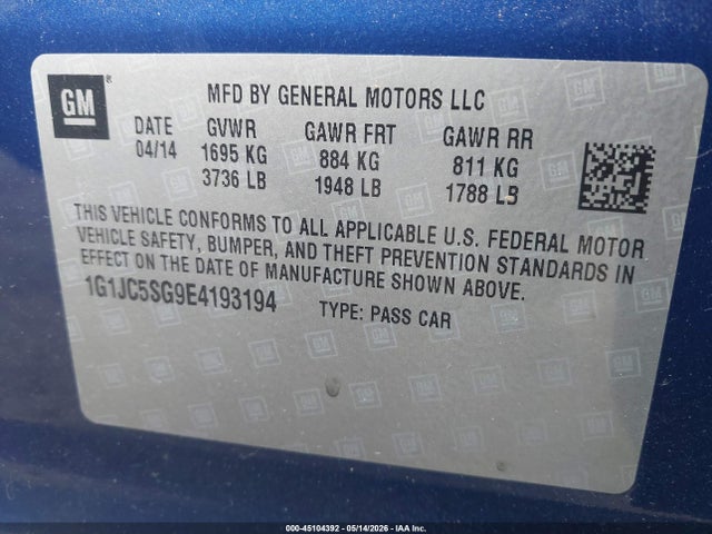 45104392 :رقم المزاد ، 1G1JC5SG9E4193194 vin ، 2014 Chevrolet Sonic Lt Auto مزاد بيع