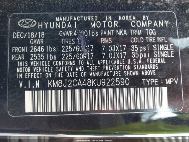 Продажа на аукционе авто 2019 Hyundai Tucson Se, vin: KM8J2CA48KU922590, номер лота: 45104401