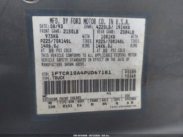Aukcja sprzedaży 1993 Ford Ranger, vin: 1FTCR10A4PUD67181, numer aukcji: 45104406