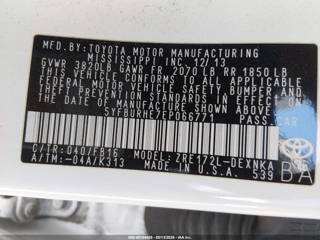Aukcja sprzedaży 2014 Toyota Corolla Le Plus, vin: 5YFBURHE7EP066771, numer aukcji: 45104408