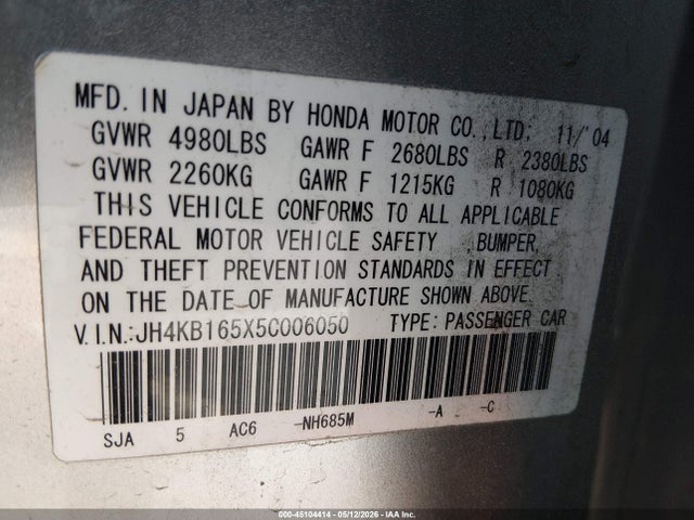 Продажа на аукционе авто 2005 Acura Rl 3.5, vin: JH4KB165X5C006050, номер лота: 45104414