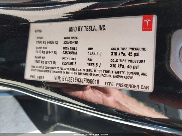 Tesla Model 3 Long Range/mid Range 2018 5YJ3E1EAXJF056519 Image 9