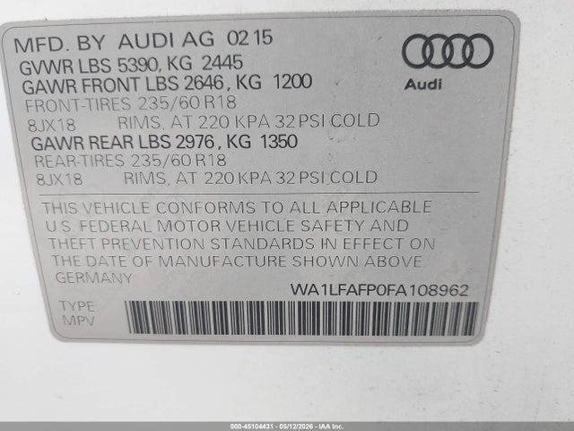 Aukcja sprzedaży 2015 Audi Q5 2.0t Premium, vin: WA1LFAFP0FA108962, numer aukcji: 45104431