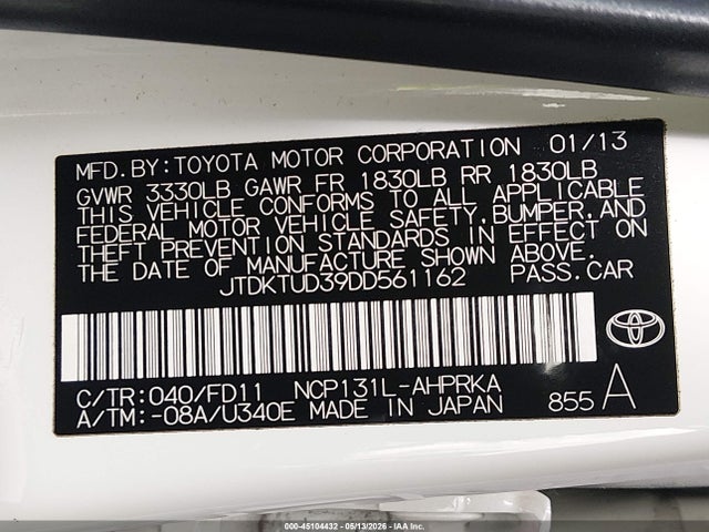Продаж на аукціоні авто 2013 Toyota Yaris Se, vin: JTDKTUD39DD561162, номер лоту: 45104432