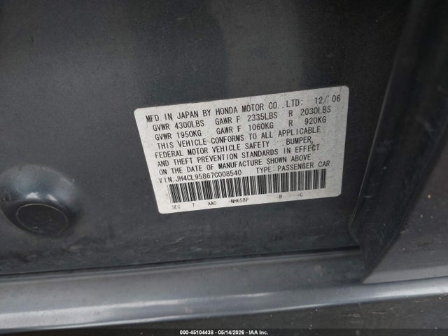 Aukcja sprzedaży 2007 Acura Tsx, vin: JH4CL95867C008540, numer aukcji: 45104438
