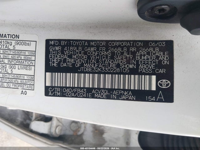 Aukcja sprzedaży 2003 Toyota Camry Le, vin: JTDBE32K330228105, numer aukcji: 45104446
