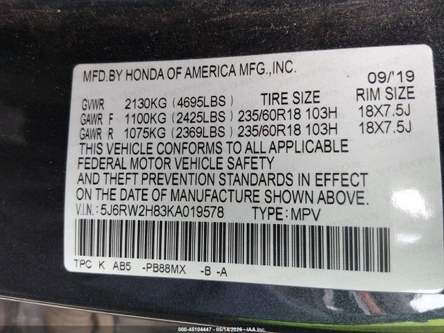 Honda Cr-v Ex-l 2019 5J6RW2H83KA019578 Image 9