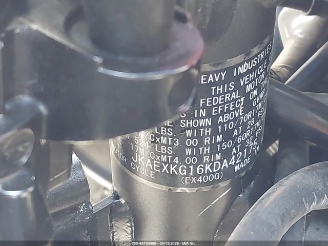 2019 Kawasaki Ex400 მანქანა იყიდება აუქციონზე, vin: JKAEXKG16KDA42175, აუქციონის ნომერი: 45104456