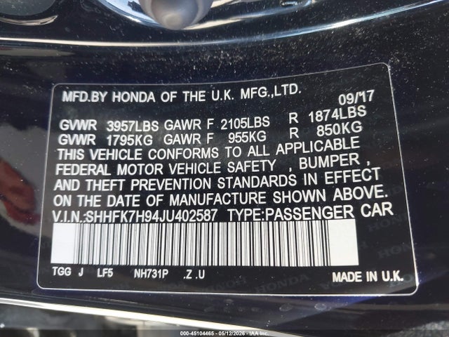 SHHFK7H94JU402587 Honda Civic Sport Touring