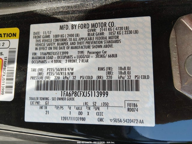 Продаж на аукціоні авто 2018 Ford Mustang Gt, vin: 1FA6P8CFXJ5113999, номер лоту: 45104479