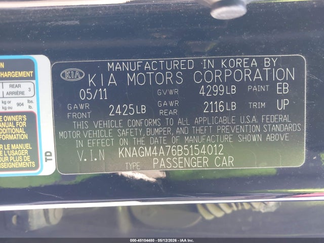 45104480 :رقم المزاد ، KNAGM4A76B5154012 vin ، 2011 Kia Optima Lx مزاد بيع