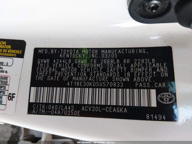 2005 Toyota Camry Xle მანქანა იყიდება აუქციონზე, vin: 4T1BE30K05U570833, აუქციონის ნომერი: 45104482