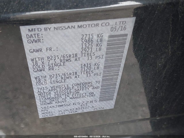 45104484 :رقم المزاد ، 5N1AR2MM5GC657285 vin ، 2016 Nissan Pathfinder S مزاد بيع
