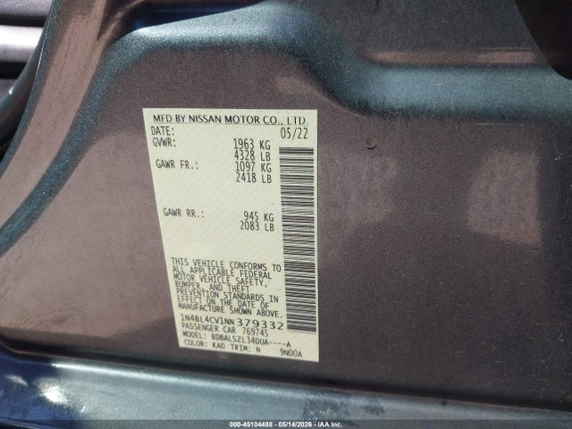 Продаж на аукціоні авто 2022 Nissan Altima Sr Fwd, vin: 1N4BL4CV1NN379332, номер лоту: 45104488