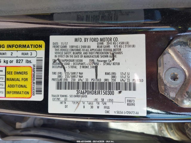 Aukcja sprzedaży 2018 Ford Fusion Se, vin: 3FA6P0HD8JR150300, numer aukcji: 45104496