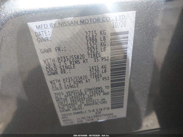 45104498 :رقم المزاد ، 5N1DL0MM8LC545979 vin ، 2020 Infiniti Qx60 Signature Edition Awd مزاد بيع