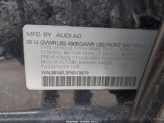 2015 Audi A4 2.0t Premium მანქანა იყიდება აუქციონზე, vin: WAUBFAFL3FN013879, აუქციონის ნომერი: 45104504
