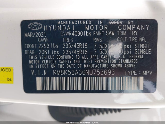 Продаж на аукціоні авто 2022 Hyundai Kona Limited, vin: KM8K53A36NU753693, номер лоту: 45104506