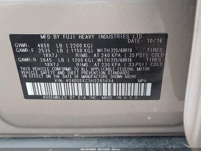 2017 Subaru Outback 3.6r Limited მანქანა იყიდება აუქციონზე, vin: 4S4BSEKC5H3285694, აუქციონის ნომერი: 45104508